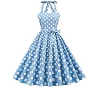 IMEKIS Abito da Donna Vintage Anni '50 con Collo Halter Abito A Pois Senza Maniche Abito da Sera retrò da Cocktail al Ginocchio Abito da Ballo per Feste di Matrimonio Blu+Bianco S