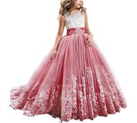 IMEKIS Abito da Ragazza di Fiore Elegante Abito da Damigella d'Onore da Cerimonia Senza Maniche Ricamato in Pizzo Principessa Tulle Sera Abito Lungo Compleanno Festa Abito da Ballo Rosso 12-13 Anni