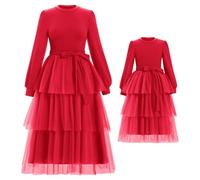 IMEKIS - Abito per Natale in stile genitori-figli, a maniche lunghe, per autunno e inverno, in maglia a coste, in tulle, per madre e figlia, a linea A, elegante, per feste e party, Colore: rosso, 2-3