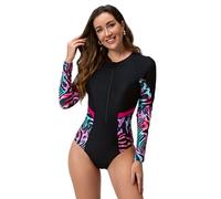 IMEKIS Costume da bagno intero da donna, a maniche lunghe, con stampa tropicale, con protezione UV, con chiusura lampo, costume da bagno, Nero , S