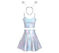 IMEKIS Costume da donna Space Girl Alien per carnevale, lucido, metallico, con mini gonna, fascia aliena, 3 pezzi, discoteca club, dancewear Halloween, facshing a tema, abbigliamento laser argento,