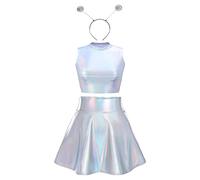 IMEKIS Costume da donna Space Girl Alien per carnevale, lucido, metallico, con mini gonna, fascia aliena, 3 pezzi, discoteca club, dancewear Halloween, facshing a tema, abbigliamento laser argentato,