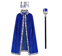 IMEKIS Costume da uomo e ragazzo, da principe in velluto, con corona di re e scettro, costume reale di ruolo, per Halloween, carnevale, Blu (3 pezzi), Taglia Unica