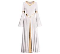 IMEKIS Donna Abito da Liturgico Vestito da Danza Lirico con Giuntura Metallica Manica Lunga Scollo a V Gonna a Pieghe a Casual Culto Chiesa Abiti da Preghiera Balletto Costume Bianco M
