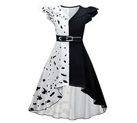 IMEKIS Ragazze Crudelia Costume Halloween Natale Dalmata Vestire Giochi di Ruolo Scolastici Vestiti Bianco Nero Fantasia Malvagio Carnevale di Compleanno Vestito da Cosplay Bianco 9-10 Anni