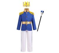 IMEKIS Ragazzi Halloween Reale Re Costume Fancy Principe Incantevole Gioco di Ruolo Vestire Giacca a Maniche Lunghe Pantaloni Bambini Carnevale Compleanno Cosplay Set da Festa Blu + Bianco 9-10 anni