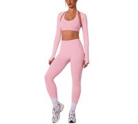 IMEKIS Set sportivo da donna, per yoga, pilates, con supporto al collo, reggiseno sportivo e pantaloni scrunch con maniche lunghe, bolero Shrug, 3 pezzi, Colore: rosa., S