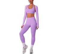 IMEKIS Set sportivo da donna, per yoga, pilates, con supporto al collo, reggiseno sportivo e pantaloni scrunch con maniche lunghe, bolero Shrug, 3 pezzi, Lilla, L