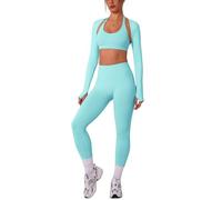 IMEKIS Set sportivo da donna, per yoga, pilates, con supporto al collo, reggiseno sportivo e pantaloni scrunch con maniche lunghe, bolero Shrug, 3 pezzi, Blu mare, XS
