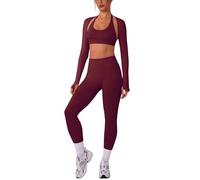 IMEKIS Set sportivo da donna, per yoga, pilates, con supporto al collo, reggiseno sportivo e pantaloni scrunch con maniche lunghe, bolero Shrug, 3 pezzi, rosso vivo, XS