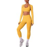 IMEKIS Set sportivo da donna, per yoga, pilates, con supporto al collo, reggiseno sportivo e pantaloni scrunch con maniche lunghe, bolero Shrug, 3 pezzi, giallo., M
