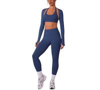 IMEKIS Set sportivo da donna, per yoga, pilates, con supporto al collo, reggiseno sportivo e pantaloni scrunch con maniche lunghe, bolero Shrug, 3 pezzi, Blu scuro, S
