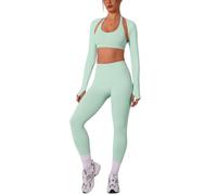 IMEKIS Set sportivo da donna, per yoga, pilates, con supporto al collo, reggiseno sportivo e pantaloni scrunch con maniche lunghe, bolero Shrug, 3 pezzi, verde chiaro, L
