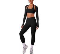 IMEKIS Set sportivo da donna, per yoga, pilates, con supporto al collo, reggiseno sportivo e pantaloni scrunch con maniche lunghe, bolero Shrug, 3 pezzi, Nero , XS