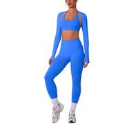 IMEKIS Set sportivo da donna, per yoga, pilates, con supporto al collo, reggiseno sportivo e pantaloni scrunch con maniche lunghe, bolero Shrug, 3 pezzi, Blu, XS