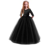 IMEKIS Vestito da Ragazza in Pizzo Floreale Tutu di Tulle da Sposa Principessa Damigella d'Onore Abito da Ballo di Comunione di Compleanno Mezzo Manica Maxi Abito da Festa Sera Formale Nero 9-10