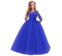 IMEKIS Vestito da Ragazza in Pizzo Floreale Tutu di Tulle da Sposa Principessa Damigella d'Onore Abito da Ballo di Comunione di Compleanno Mezzo Manica Maxi Abito da Festa Sera Formale Blu Reale 5-6