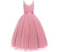 IMEKIS Vestito per bambine e ragazze, per damigella d'onore, senza maniche, con scollo a V, con volant, in tulle, elegante, per la prima comunione, per il compleanno, per la festa, rosa antico, 7 anni