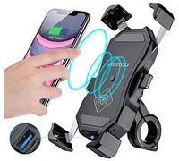 iMESTOU Porta Cellulare da Moto Wireless con Qi e USB A Caricabatterie | Montaggio su Manubrio 22-32mm o Specchietto Retrovisore, Ricarica Veloce, Cellulari da 3,5"-6,8"(Spessore Massimo 12 mm)