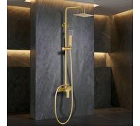 IMEX - Colonna Doccia Oro Spazzolato con Rubinetto | Set Doccia Monocomando con Soffione Anticalcare | Rubinetteria in Ottone e Acciaio Inox S.304 con Asta Estensibile | Serie Art