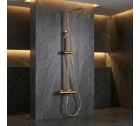 IMEX - Colonna Doccia Termostatica Oro con Rubinetto | Set Doccia con Soffione Anticalcare Effetto Pioggia | Rubinetteria in Ottone e Acciaio Inox S.304 con Asta Estensibile Dorata | Serie Monza