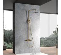 IMEX - Colonna Doccia Termostatica senza rubinetto | Set doccia e vasca con soffione e flesso, rubinetto con spruzzatore doccia effetto pioggia | portata 12 l/min | Serie Genova | colore oro
