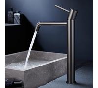 IMEX - Rubinetto Lavabo Nero Bocca Alta | Miscelatore Bagno Acqua Fredda/Calda | Monocomando Effetto Cascata Bocca Ottone, Risparmio Idrico | Serie Monza | Colore Black Gun Metal