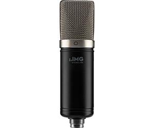IMG Stageline ECMS-70 - Microfono a condensatore a membrana grande, per uso professionale in studio, con supporto per microfono, vite adattatore e custodia in pelle, colore: nero/argento