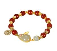 IMGASDCSD catene a catena, regolabili; Bracciale da 8 mm in agata rossa, perline di giada Hetian, ciondolo a forma di coniglio in argento sterling, elastico regolabile(Beads)