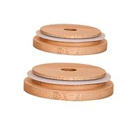 IMIKEYA 2pezzi Coperchi Per Barattoli in Bambù Anello in Silicone Per Chiusura Stagna Compatibili Con Barattoli Bocca Larga e Bicchieri Foro Per Cannuccia
