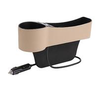 IMIKEYA Organizer per seggiolino auto imbottito con doppio caricatore USB e supporto per tazza scatola multifunzione di archiviazione elegante per conducente, colore beige