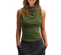 Imily Bela Canotta da donna con colletto alto, sexy, senza maniche, estiva, a cascata, camisole, verde militare, L