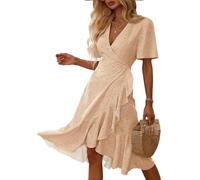 Imily Bela Vestito estivo da donna, con scollo a V, abito lungo, leggero, elegante, sexy, per il tempo libero, Champagne, L