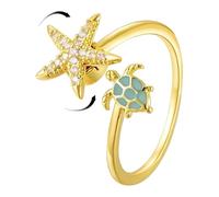 IMINI Anello da donna a forma di stella marina con zirconia cubica, color oro, smaltato, con tartaruga, anello aperto per ansia, fidget e regolabile, gioiello a tema oceano, girevole e confortevole