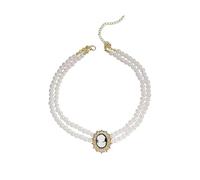 IMINI Collana girocollo a doppia fila con perline bianche con cammeo stilizzato e strass, accessorio vintage vittoriano elegante da donna, regalo chic per festa della mamma, compleanno o Natale alla