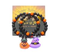 IMINI Set di 2 braccialetti con perline per Halloween, fascia in gomma regolabile da 18 cm, con ciondoli a forma di zucca fantasma, gatto nero, cappello da strega, gioiello spettrale, regalo per donne