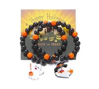 IMINI Set di 2 braccialetti con perline per Halloween, fascia in gomma regolabile da 18 cm, con ciondoli a forma di zucca fantasma, gatto nero, cappello da strega, gioiello spettrale, regalo per donne