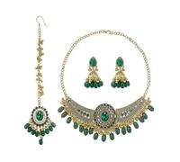 IMINI Set di gioielli da donna, collana a girocollo Kundan, con ciondolo Maang Tikka e orecchini Jhumka in cristallo, set da matrimonio, boho, chic, accessorio per capelli, per feste e cerimonie