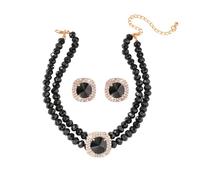 IMINI Set di gioielli da donna con collana a doppio fila, con perle decorate con zirconi cubici e orecchini a passeggino - pietra centrale scintillante - chic per matrimonio o sera o abito da sera