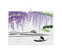Imitazione di pittura cinese con colline di barche e glicine viola. Tappetino artistico per asciugatura in microfibra per piano di lavoro, piccolo, 16 x 18 pollici.