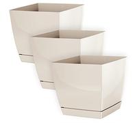 IMJ-Global Set di 3 Vasi per Fiori Piante Quadrati Coubi Square In Plastica 13,5x13,5x12,4cm Da Interno Esterno Crema Volume 1,5 Litri Design Moderni