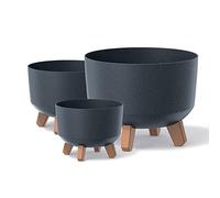 IMJ-Global Set di 3 Vasi per Fiori Piante Tondi Gracia Regular ECO WOOD In Plastica e 33% Legno Ø23,8x18,7cm / Ø29x22cm / Ø39x27cm Da Interno Esterno Neri Volume 5,1/9,8/21,5 Litri Design Moderni