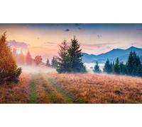 Immagine acrilica 140 x 80 cm: Alba nei Carpazi. Scena autunnale Foggy della Mountain Valley con Old Country Road