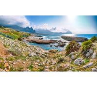 Immagine composita in alluminio 50 x 30 cm: Eccellente paesaggio marino di Isolidda Beach vicino a San Vito Cape. Destinazione popolare del Monte -Cofano (241991500)