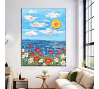 Immagine Di Arte Della Parete Onde Di Un Campo Di Fiori Paesaggio Dipinti Su Tela Sole Dei Cartoni Animati Poster E Stampe Cielo Azzurro Per La Decorazione Domestica 80X120Cm Senza Cornice