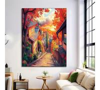 Immagine Di Arte Della Parete Strada Di Una Piccola Città Paesaggio Dipinti Su Tela Foresta Autunnale Poster E Stampe Rosso-Arancio Per La Decorazione Domestica 50X70Cm Senza Cornice