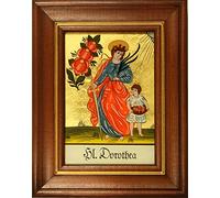 Immagine di vetro posteriore/immagine di patronata Hl. Dorothea con cornice in legno marrone dipinto a mano con leggenda del Santo sul retro dell'immagine, ca. Dimensioni: 12,5 x 16 cm (L x A)