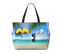 Immagine oceanica di un'isola tropicale con palme e spiaggia dal mare cristallino. Grande borsa da spiaggia per donna con cerniera e tasca impermeabile, borsa da palestra leggera e pieghevole per via