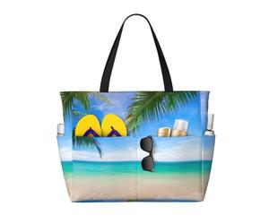 Immagine oceanica di un'isola tropicale con palme e spiaggia dal mare cristallino. Grande borsa da spiaggia per donna con cerniera e tasca impermeabile, borsa da palestra leggera e pieghevole per via