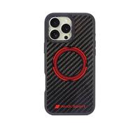 iMOBO Design per iPhone 16/16 Pro/16 Pro Max, Audi Sport, custodia posteriore in fibra di carbonio con licenza ufficiale RSQ D5 Geunie (compatibile con MagSafe) (16 Pro Max 6,9''), nero